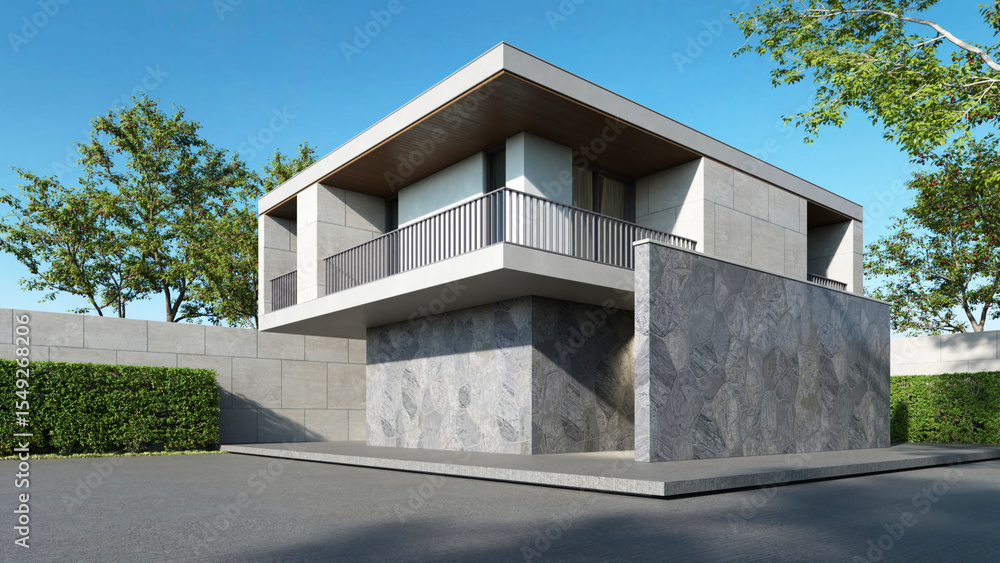 Aufkleber modern house, minimal architecture with empty wall and concrete garage driveway, 3d rendering of lux