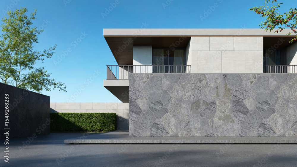 Poster Modern house, Minimal architecture with empty wall and concrete garage driveway, 3d rendering of luxury property building