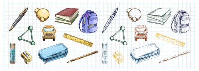 Hand drawn vintage seamless pattern of school supplies and stationery in color and monochrome, sketch vector illustration