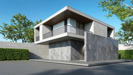 Modern house, Minimal architecture with empty wall and concrete garage driveway, 3d rendering of luxury property building