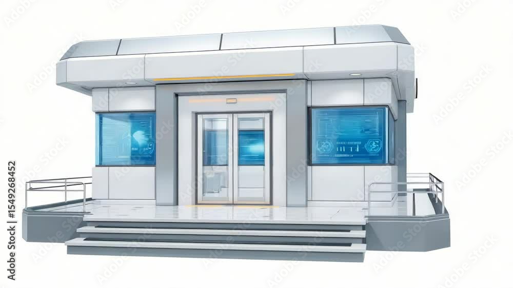 Poster futuristic modular structure with large windows and smooth steps in urban environment