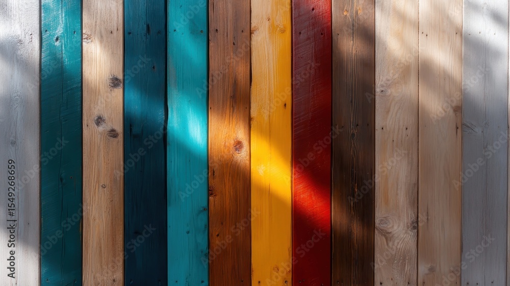 Poster a vibrant composition of colorful wooden planks, showcasing an array of textures and hues that evoke