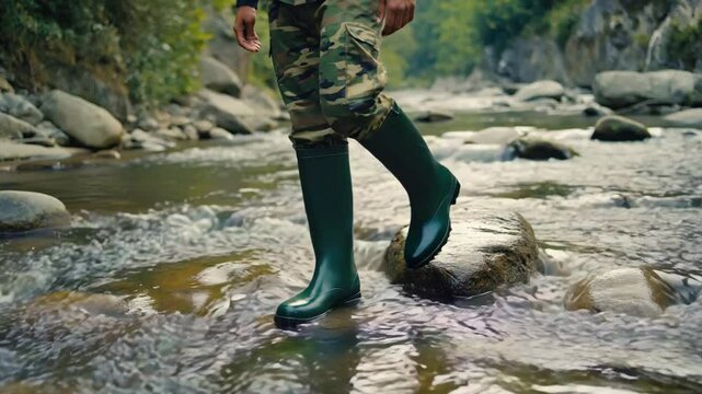 Camouflage clad person crossing stream in wellington boots, sunny natural light