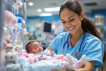 Prematurity Awareness nurse placing oxygen tube gently on tiny newborn with copy space. 