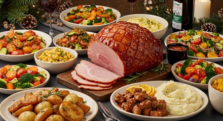Indulge in a Festive Feast: A Delicious Christmas Ham Dinner with an Array of Seasonal Sides