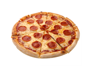 A delicious, freshly baked pepperoni pizza with melted cheese and a crispy crust. Pizza isolated on transparent background.