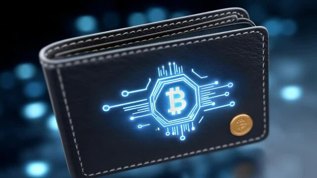 Glowing Digital Cryptocurrency Wallet with Futuristic Design Against a Blue Background