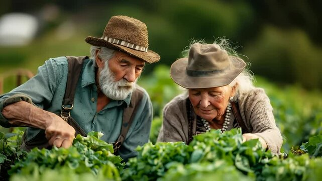 An elderly couple works together in their vegetable garden, surrounded by vibrant greens and warm sunlight. They share moments of joy as they cultivate fresh produce - Powered by Adobe