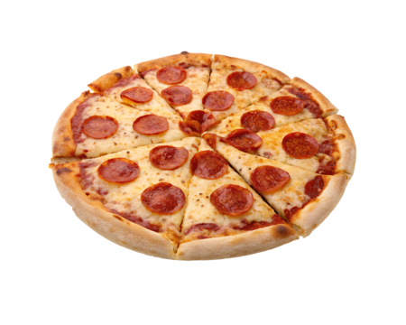 A delicious, freshly baked pepperoni pizza with melted cheese and a crispy crust. Pizza isolated on transparent background.