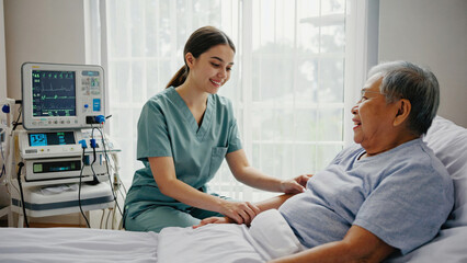 A nurse consults with a patient in a hospital bed, highlighting their interaction and attention