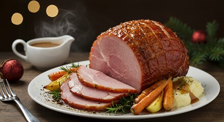 Indulge in the Festive Feast: A succulent glazed ham, perfectly sliced and served with creamy mashed potatoes, roasted carrots, and savory gravy, creating a heartwarming Christmas dinner scene.