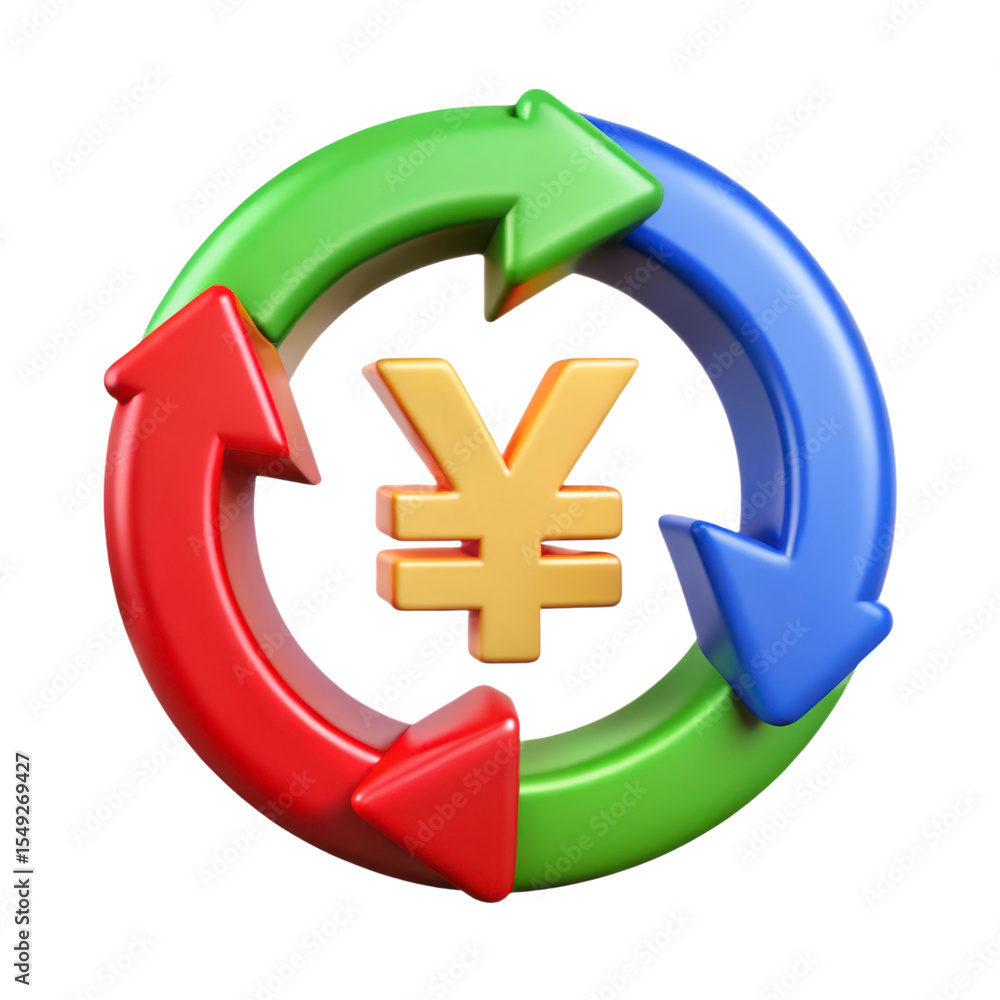 Poster circular flow of yen symbol 3d rendering in plastic style icon isolated on white background