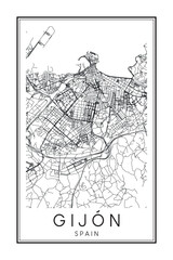 Hand drawn printable downtown road map poster of the Spanish city of GIJÓN on solid white background with city name