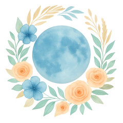 Watercolor Blue Moon and Floral Wreath Illustration