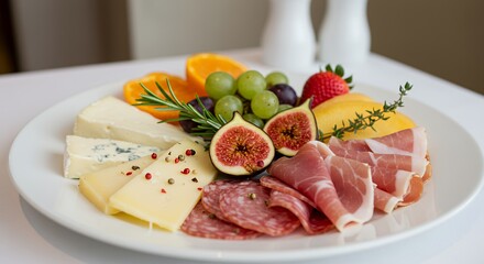 Indulge in a delectable charcuterie board featuring gourmet cheeses, cured meats, and fresh fruit, a perfect appetizer for any occasion.