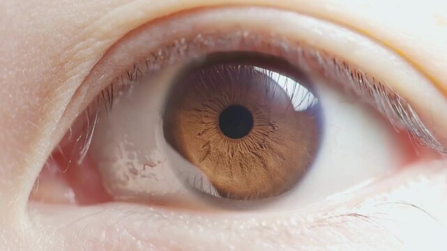 Closeup human eye iris contracting for a test or exam for prescription lenses for good eyesight. Focus on left eye on model face Human eye iris
