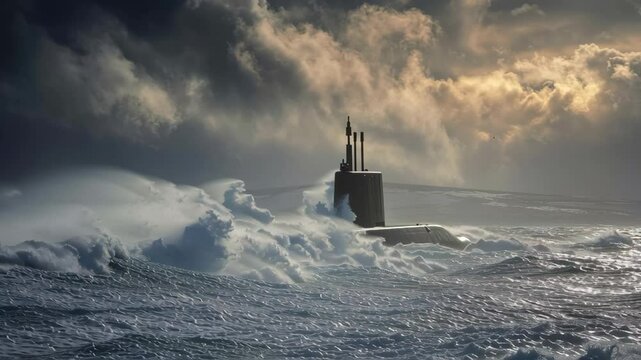 The conning tower of a nuclear submarine emerges above the waterline surrounded by frothy waves with a cloudy sky looming in the distance hinting at the contrast between the submarines
