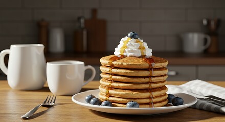 Golden Stack of Buttery Pancakes Topped with Whipped Cream, Drizzled with Honey, and Fresh Blueberries Beckons a Delightful Morning.