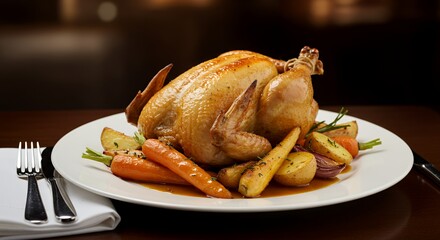 Indulge in the exquisite flavors of a perfectly roasted chicken, complemented by a medley of roasted root vegetables, creating a heartwarming and delectable culinary masterpiece.