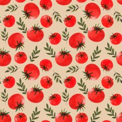 Seamless tomato pattern with leaves on beige background