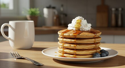 Golden Syrup Drizzles Down a Stack of Fluffy Pancakes Topped with Whipped Cream and Blueberries, a Delightful Breakfast Scene.