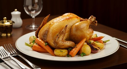 Golden-brown Roast Chicken with Roasted Root Vegetables, a picture-perfect centerpiece for a sophisticated dinner party.