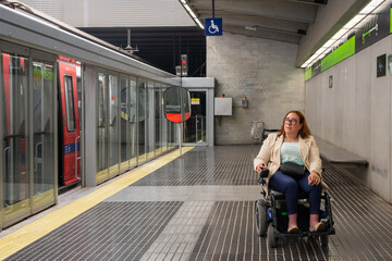 Woman using wheelchair waiting for subway train in station. Concept of inclusion, adapted public
