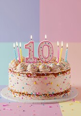 A Festive 10th Birthday Cake with Colorful Candles and Sprinkles Set Against a Pastel Background, Perfect for Celebrating a Special Milestone