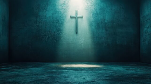 A captivating dark room featuring a wooden cross illuminated by a beam of light, creating an atmosphere of mystery and spirituality, inviting contemplation and reflection.