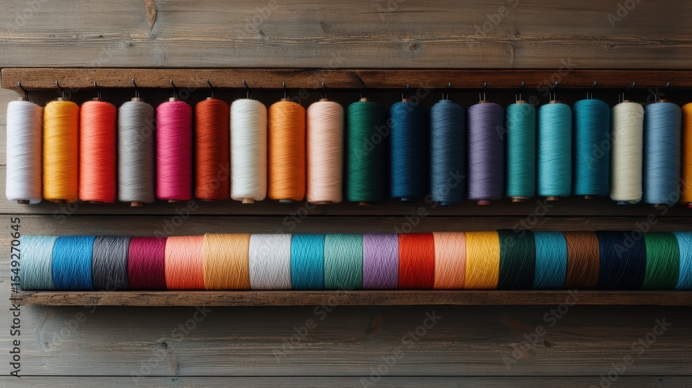 Poster a vibrant collection of spools arranged on a rustic wooden shelf, showcasing an array of colors idea