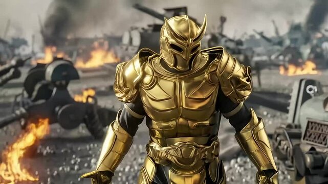 A powerful knight in golden armor lowers a flaming sword while standing on a desolate, war-torn battlefield