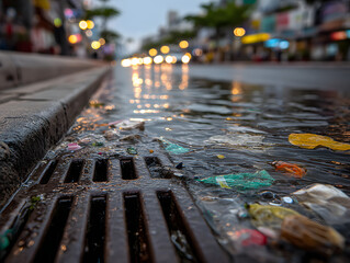 A street drain clogged with plastic garbage, solid urban setting background, ample copy space for text, urban waste management and pollution prevention concept