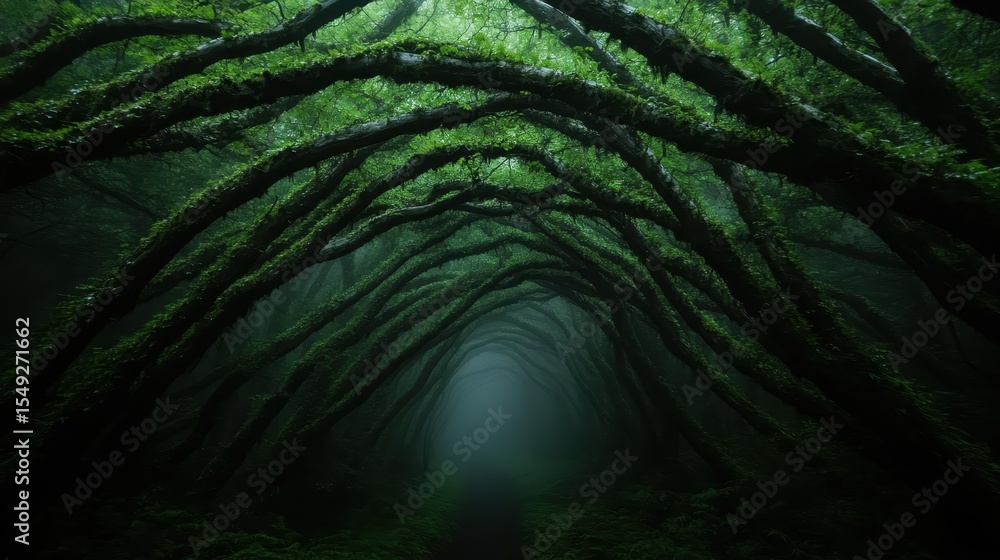 Poster a serene and mysterious forest scene is depicted, featuring dense foliage and twisted trees forming 