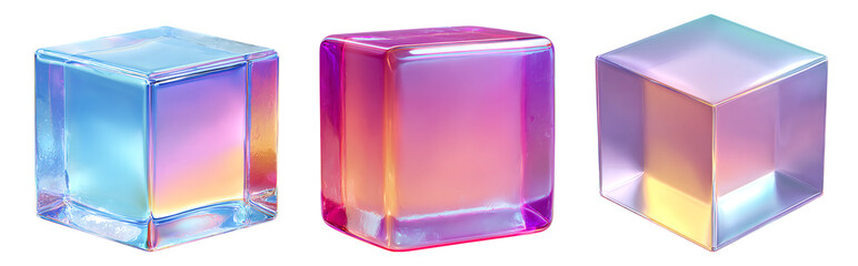 Three iridescent cubes, showcasing vibrant color gradients.