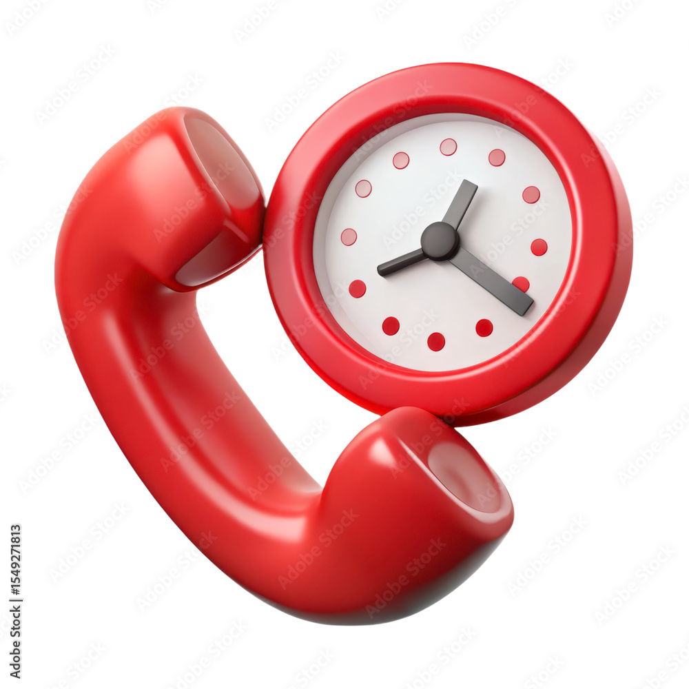 Fototapete glossy red phone receiver and timepiece 3d rendering plasticstyle icon isolated on white background 