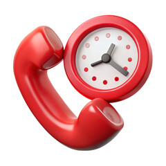 Glossy red phone receiver and timepiece 3d rendering plasticstyle icon isolated on white background service time management