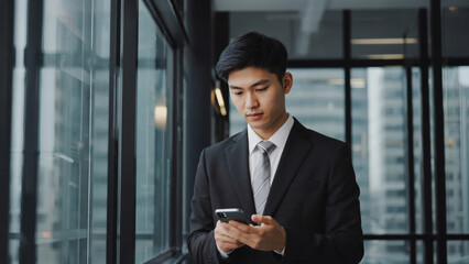 Fototapeta premium A businessman looks at his cell phone in a modern setting