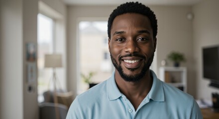 Fototapeta premium A Portrait of a Smiling African American Man in a Light Blue Polo Shirt Against a Bright, Modern Interior Setting