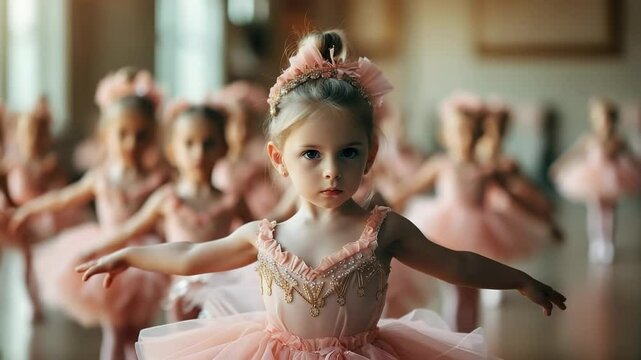 In a bright and spacious dance studio, adorable little ballerinas practice their ballet positions. Each girl wears a pink tutu, showcasing elegance and determination during their lesson
