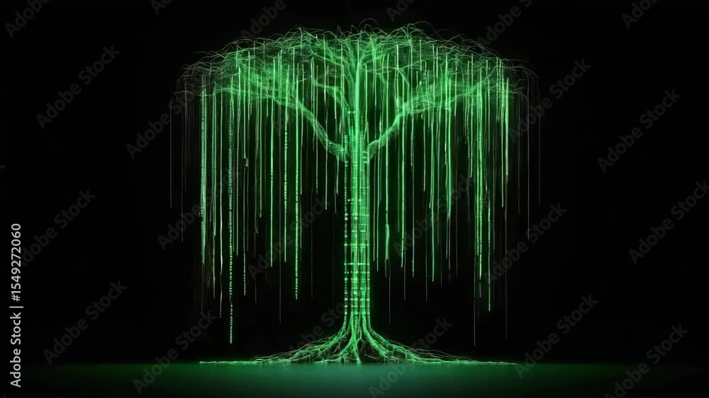 Poster a glowing green digital tree made of flowing data streams, resembling a fusion of nature and technol