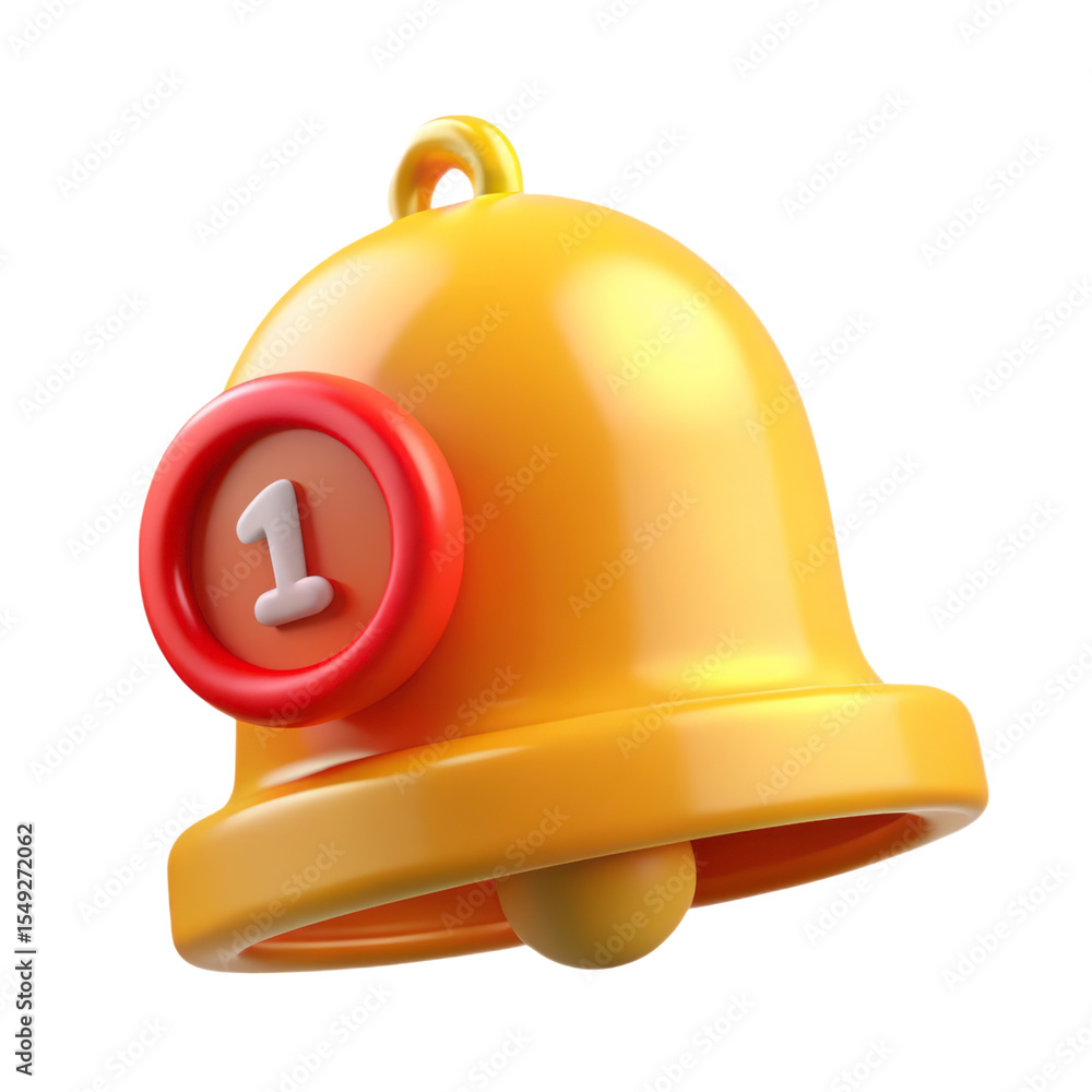 Poster golden notification bell with one new message 3d rendering plasticstyle isolated on white background