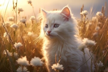 Obraz premium White kitten in field outdoors animal mammal.