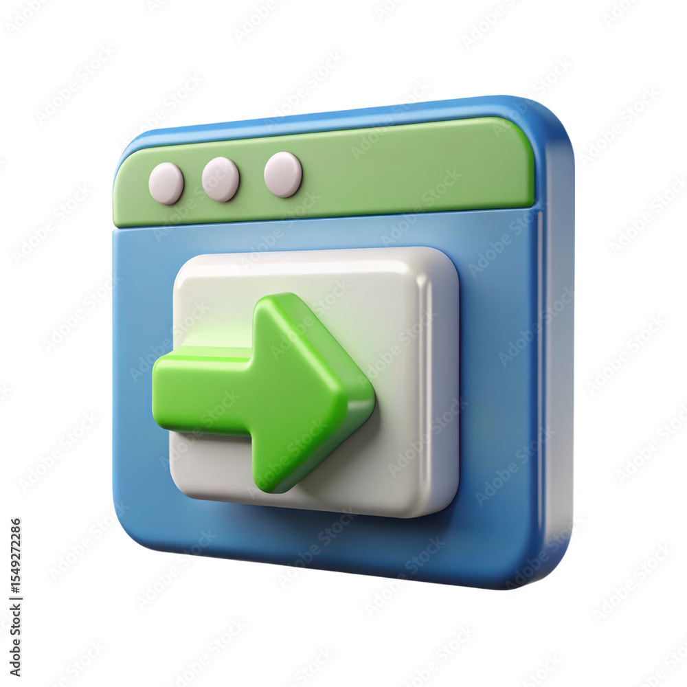 Poster green arrow inside browser window 3d rendering plasticstyle icon isolated on white background direct