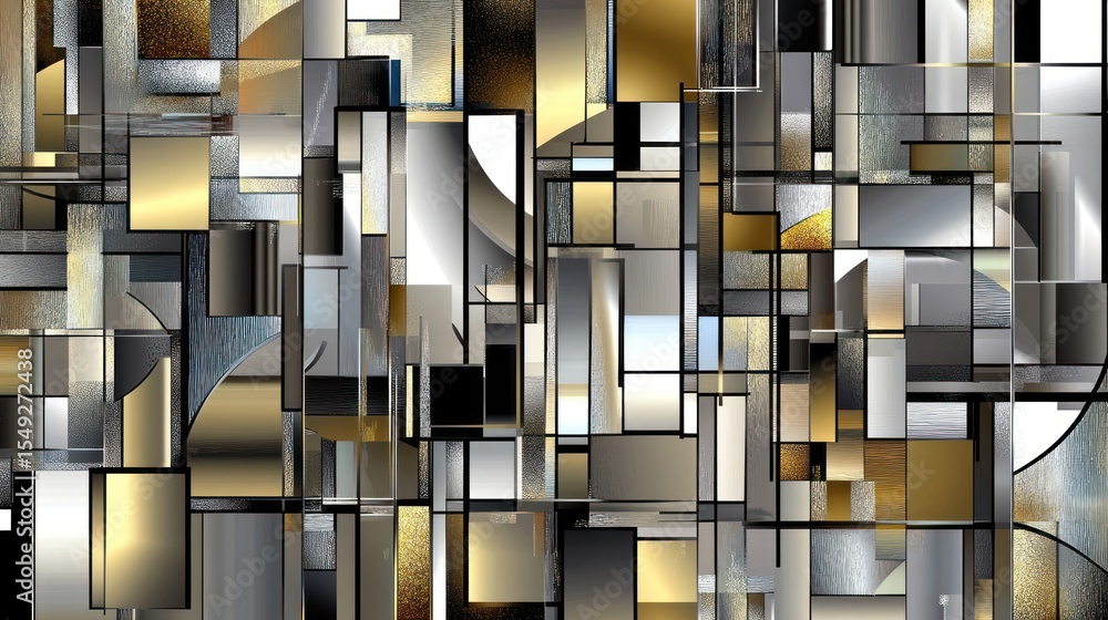 Poster abstract geometric composition with metallic textures and subtle color gradients, modern and sophist