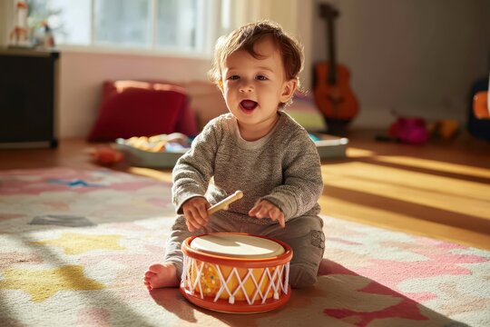 A baby sitting on the floor playing with a drum