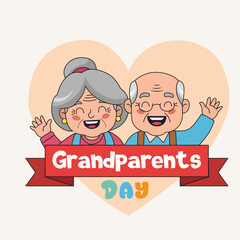 Cartoon Grandparents Waving on Grandparents Day with Ribbon and Heart Background Illustration