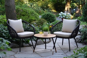 Obraz premium 3-piece patio furniture set with black frame, wood legs, beige cushions, two chairs and table, garden background