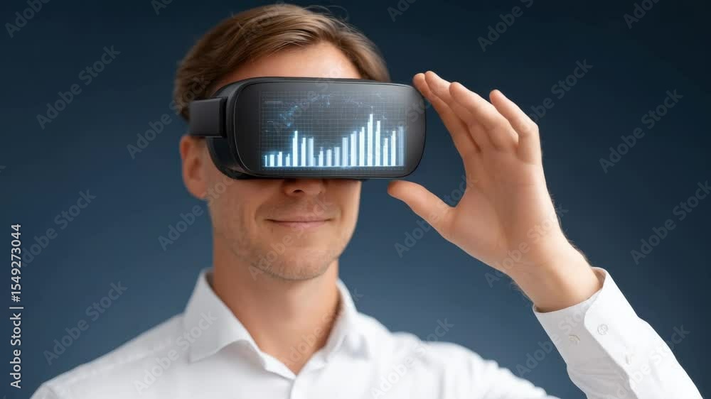 Poster man interacting with digital data visuals wearing virtual reality glasses in a modern setting