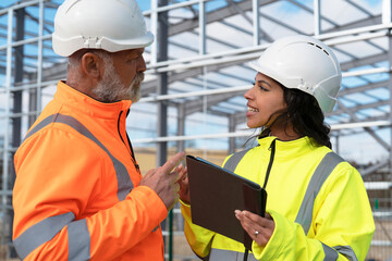 Two construction workers in bright safety gear surrounded by partially constructed steel frame...