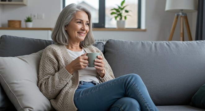 A serene moment of reflection for a middle-aged woman with silver hair, enjoying a cup of tea or coffee while lounging comfortably on a gray sofa in a cozy living room.